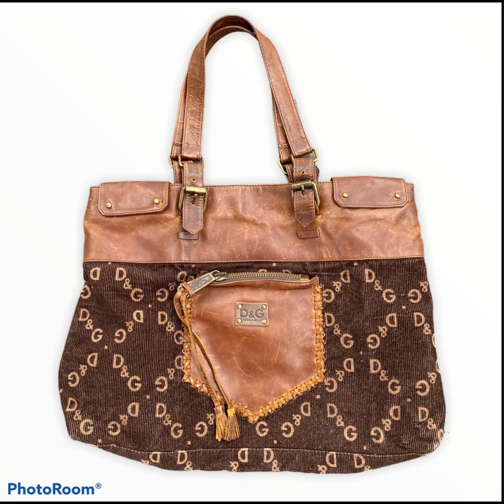 D & G leather corduroy monogram shoulder tote bag